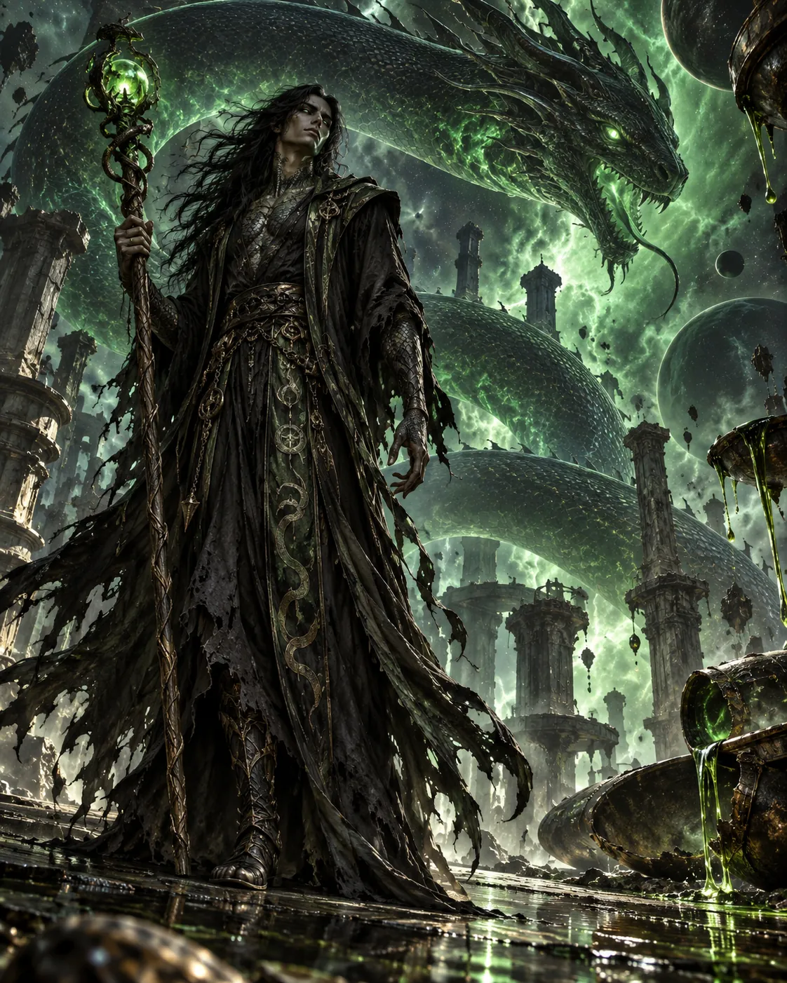 Exploratory character concept of Villy, the Malefic Viper, in a ruined alchemical sanctum
